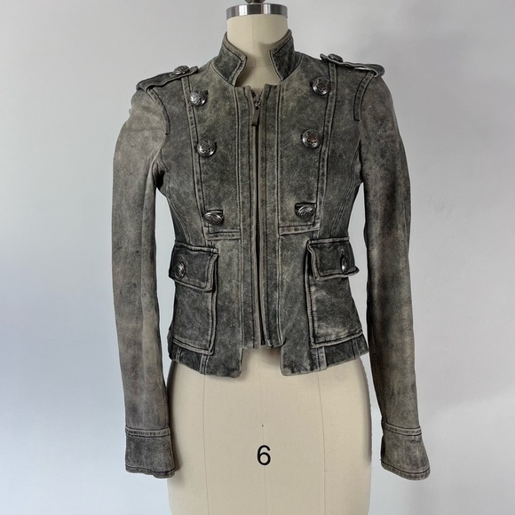 ASO Hannah Montana Miley Cyrus Gray Distressed Leather Military Jacket XS - Picture 4 of 14